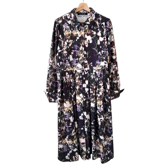 Dalia Macphee Floral Midi Shirt Dress Multicolor Large Modest Twee Full Skirt - Picture 1 of 16